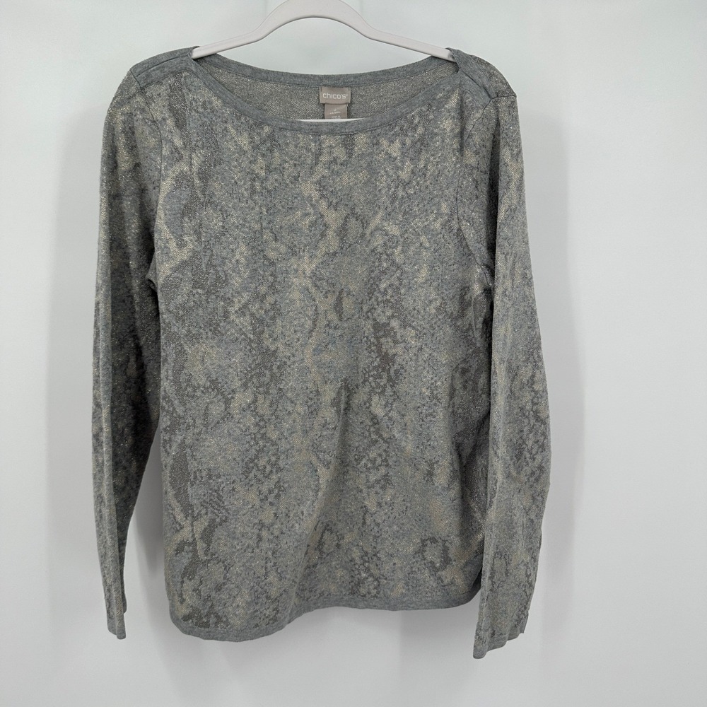 Chicos Womens Metallic Snakeskin Animal‎ Print Sweater Top Size 2 US L Office